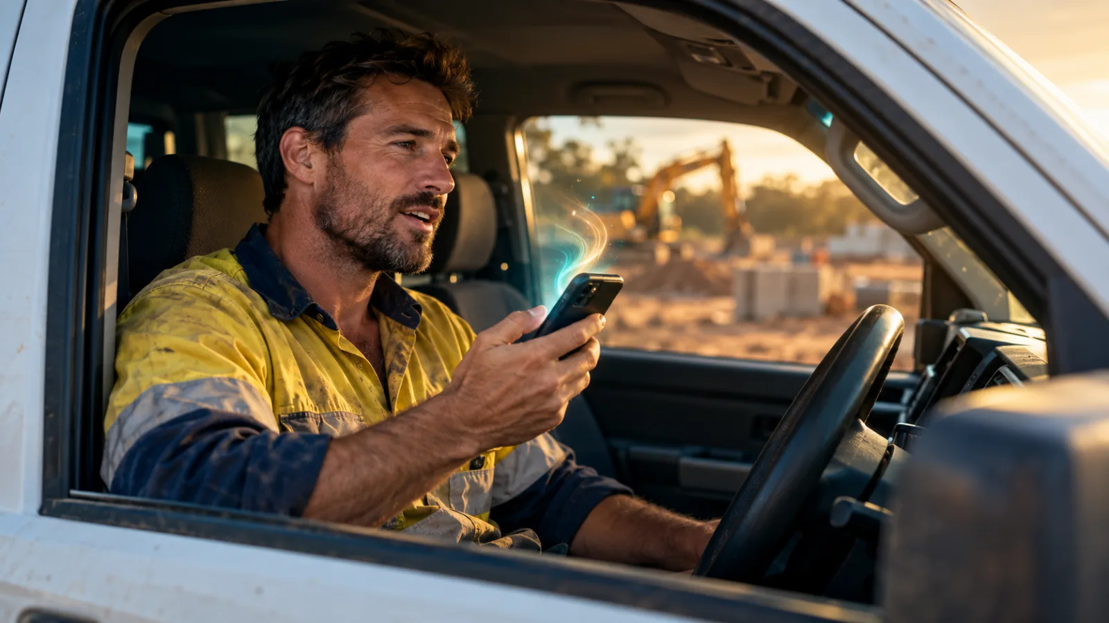 Tradie asking a question on his phone in the cab of his ute