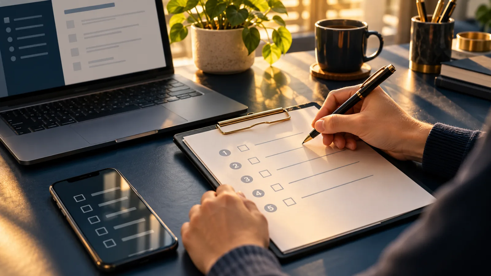 Hands writing a plan on a clipboard beside a laptop