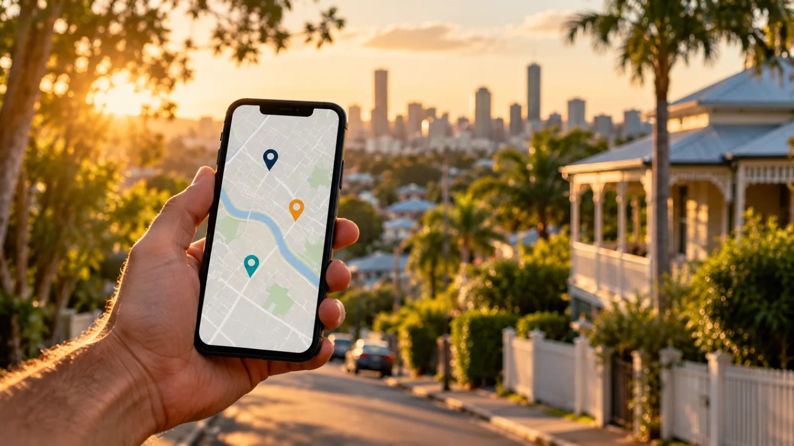 Phone showing a map with pins over a suburban street
