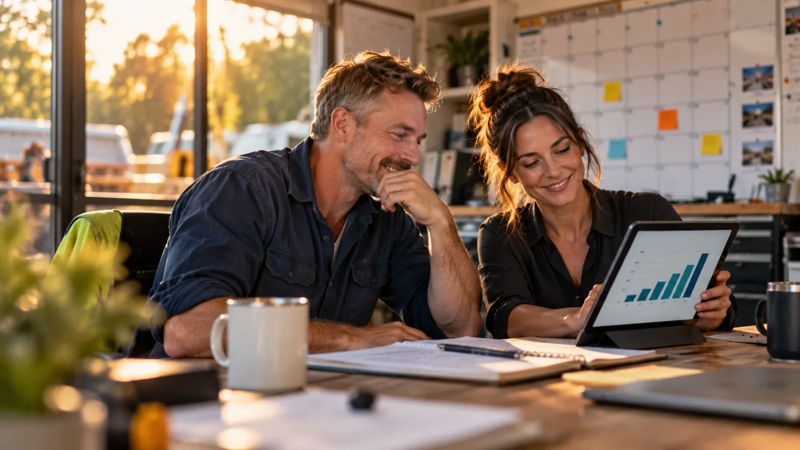 Trade business owner and office manager reviewing growth on a tablet