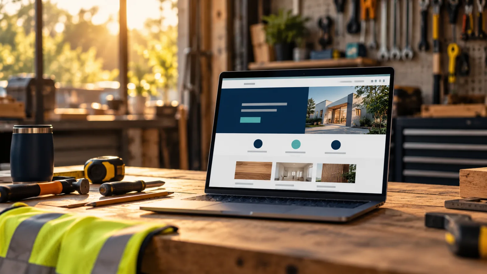 Laptop showing a website on a workshop bench
